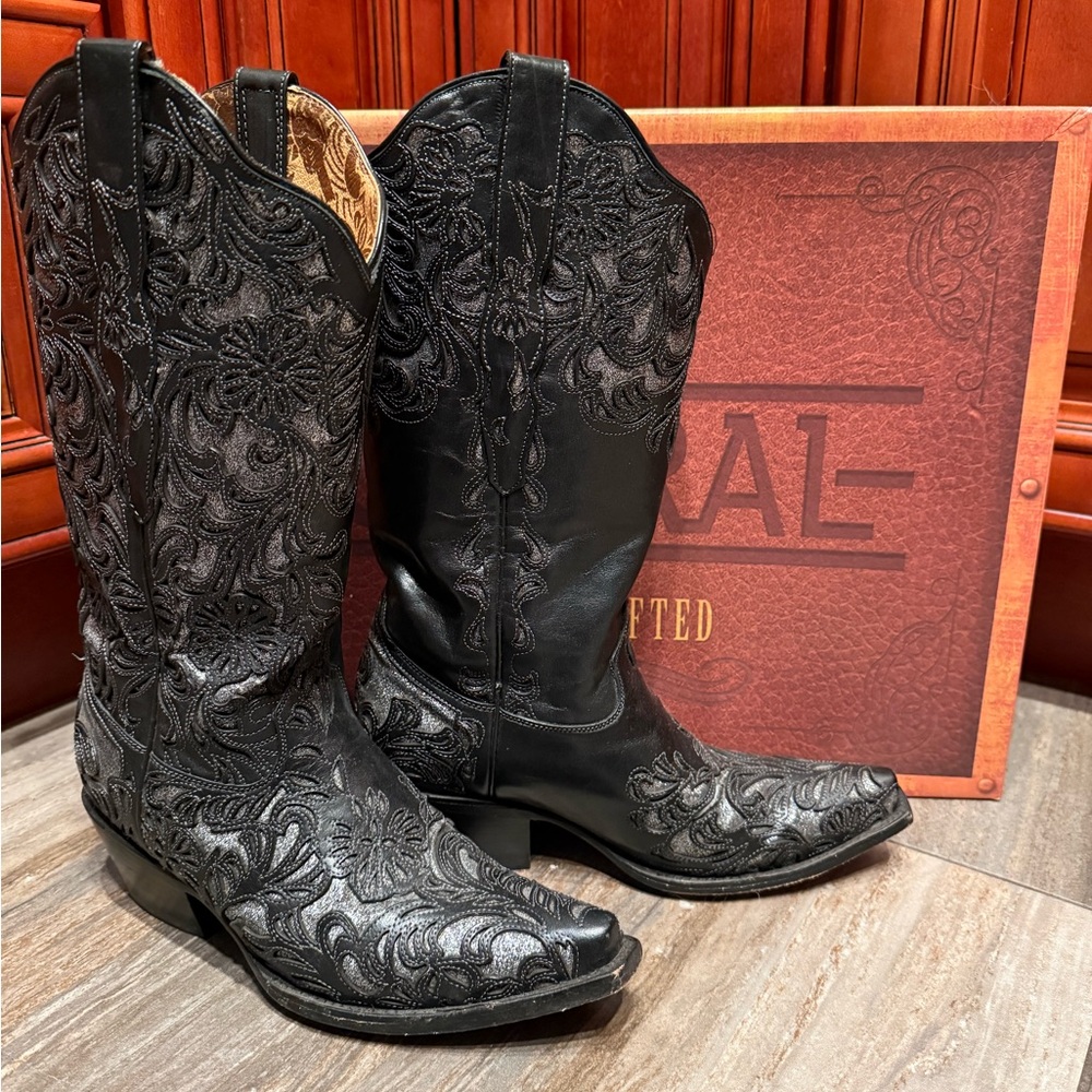 Corral Floral Black Silver Flower Glitter Cowboy Boots Cowgirl Rodeo Western 7.5